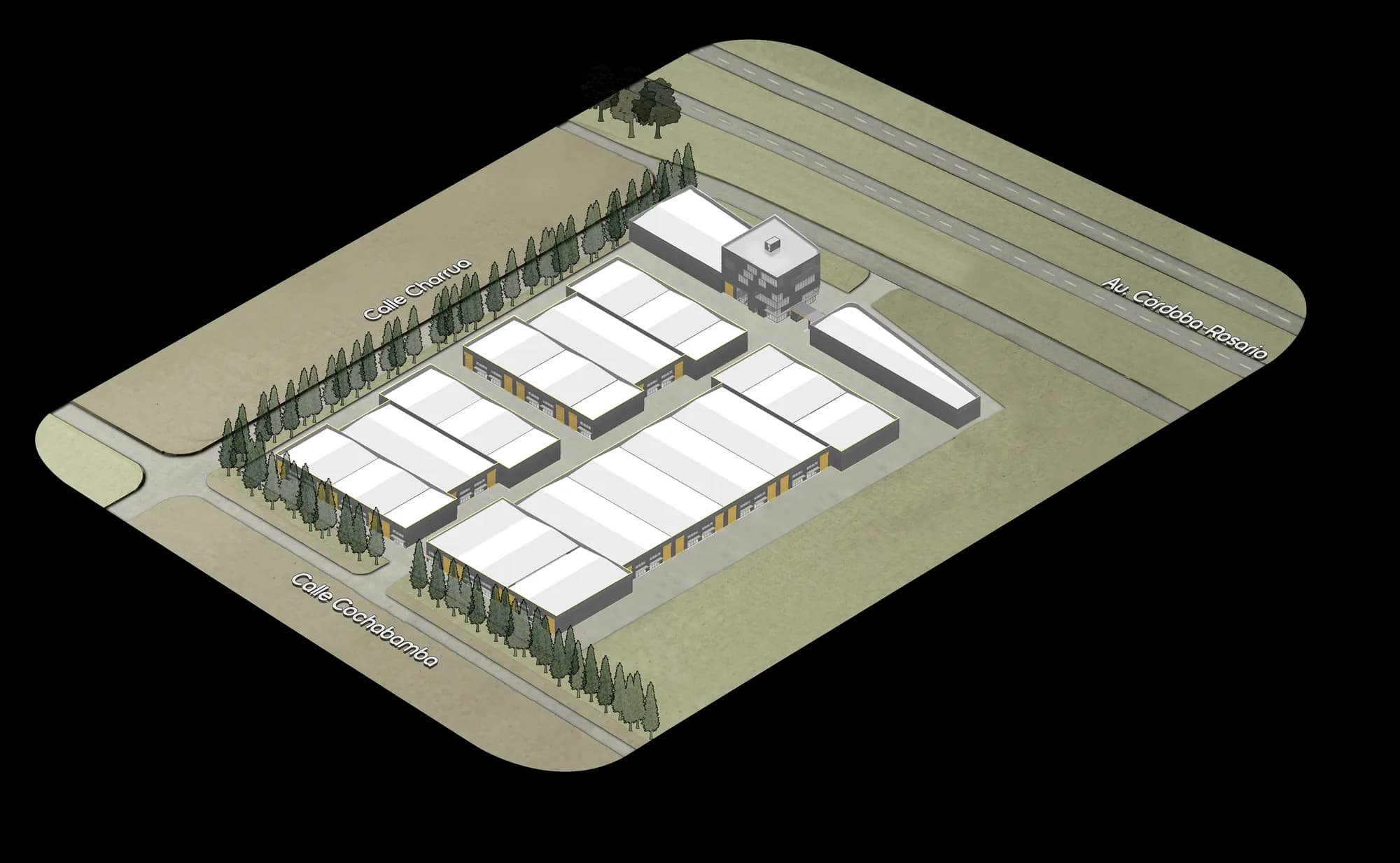 Plano axonométrico de ROS001: naves, oficinas y locales sobre la Autopista Córdoba–Rosario.